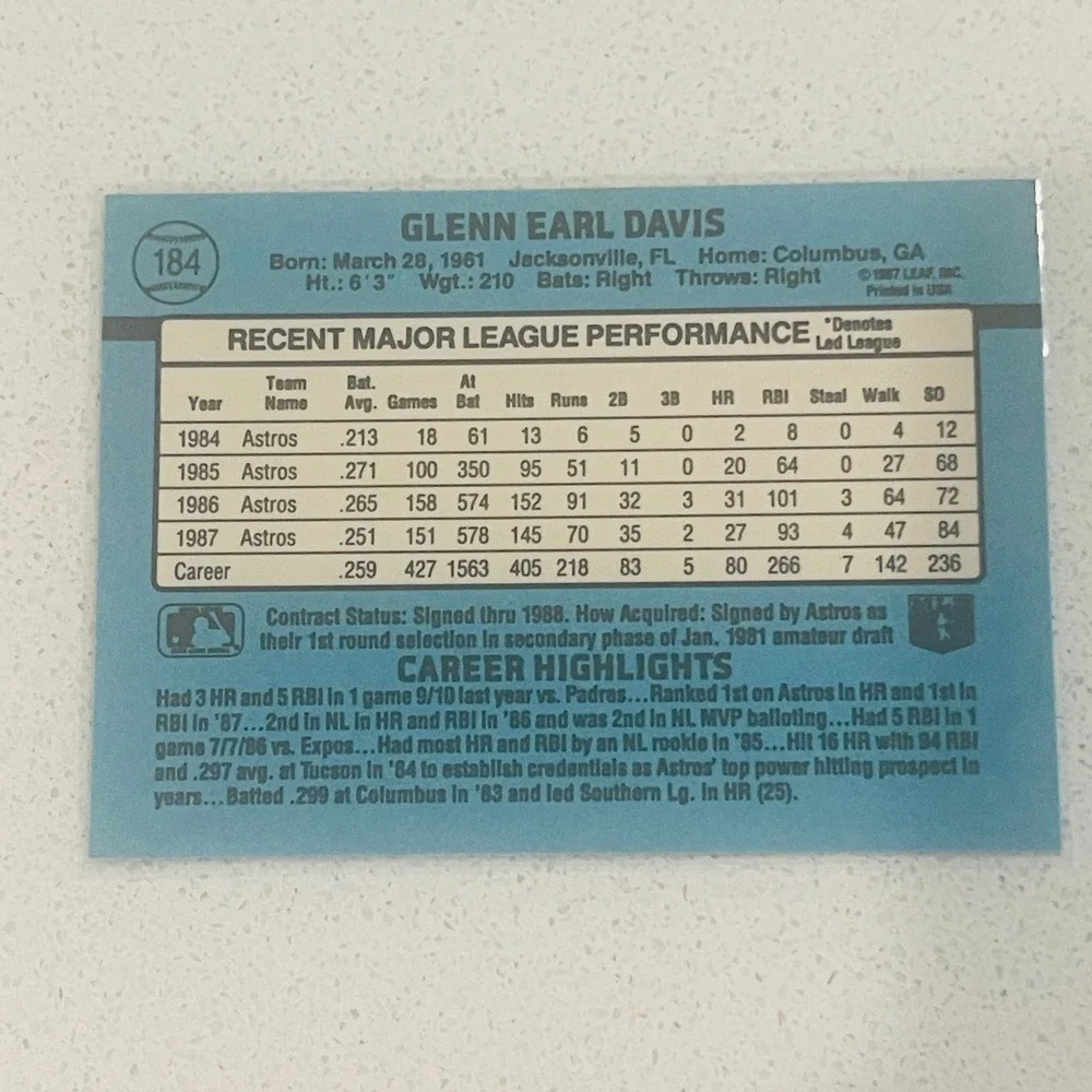 1988 Donruss Glenn Davis 184 Houston Astros Baseball Card MLB First Base